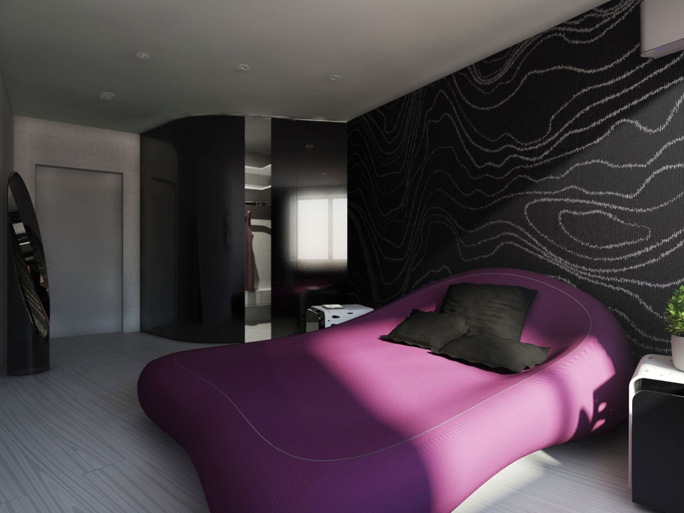 сучасне ліжко в інтер'єрі спальні - тикімнатна квартира